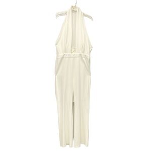 Pink Lily Women Jumpsuit Knit Ivory Cutout Halter Wide Leg‎ Stretch Open Back Lg